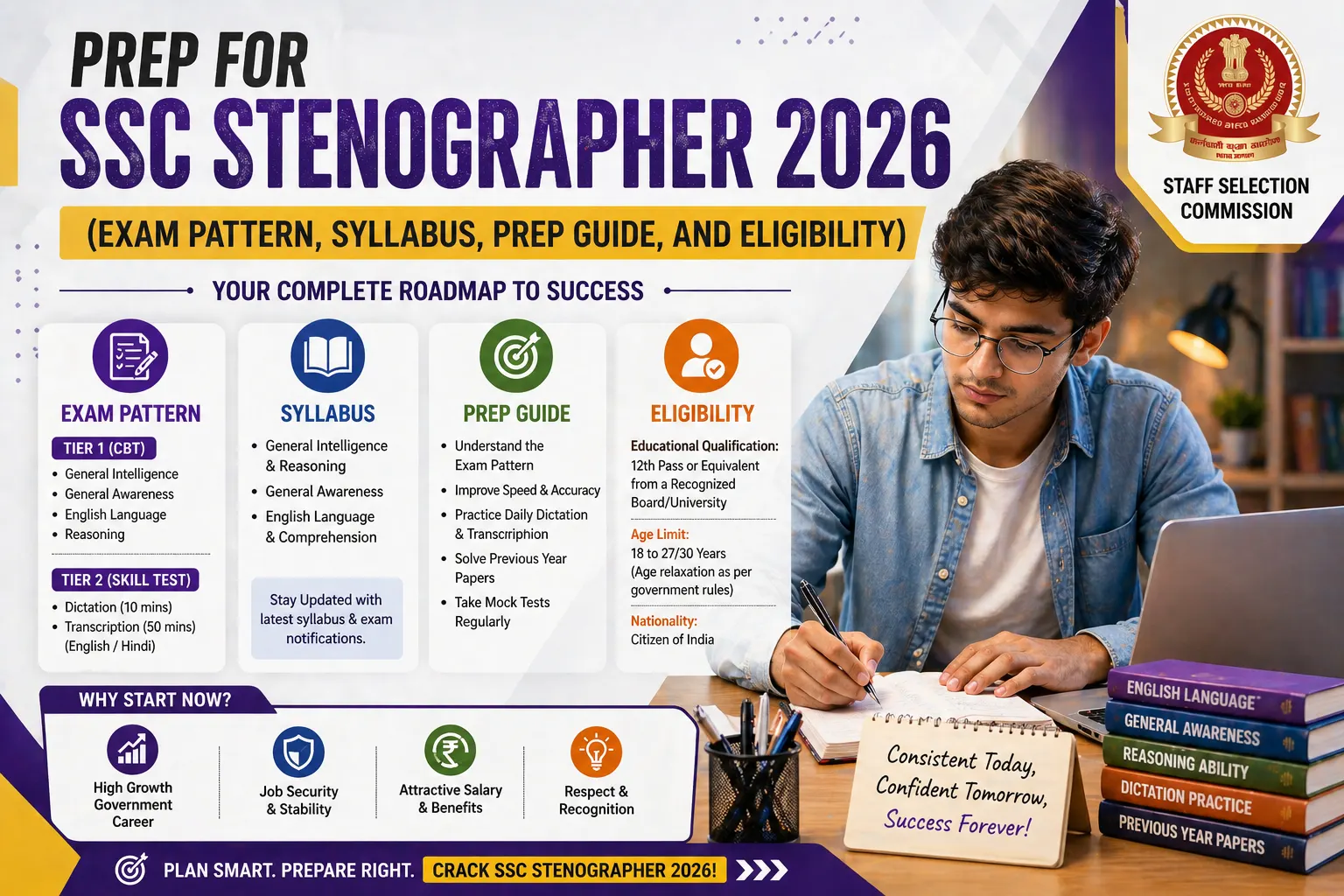 Prep for SSC Stenographer 2026: (Exam Pattern, Syllabus, Prep Guide, and Eligibility)