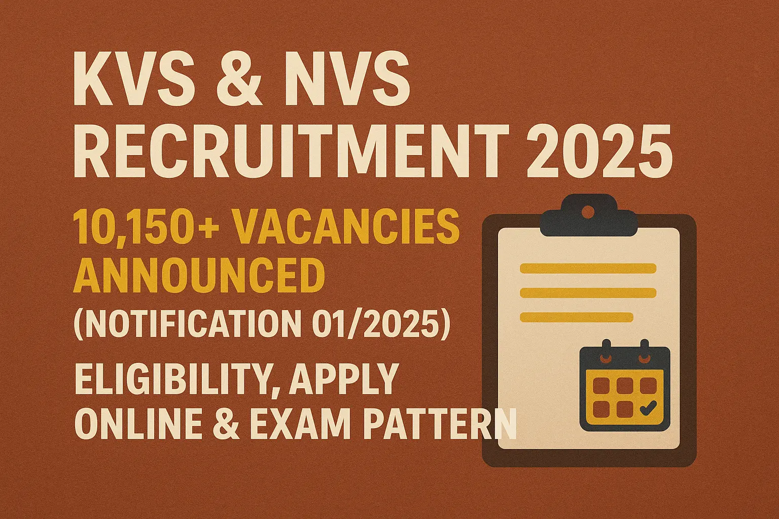 KVS & NVS Recruitment 2025: 10,150+ Vacancies Announced (Notification 01/2025) — Eligibility, Apply Online & Exam Pattern